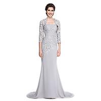 LAN TING BRIDE Trumpet / Mermaid Mother of the Bride Dress - Elegant Sweep / Brush Train 3/4 Length Sleeve Chiffon Lace with Lace