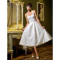 LAN TING BRIDE A-line Princess Wedding Dress Little White Dress Tea-length Halter Tulle with Draped