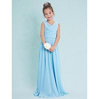 Lanting Bride Floor-length Chiffon Junior Bridesmaid Dress Sheath / Column V-neck with Criss Cross / Ruching