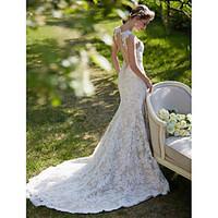 LAN TING BRIDE Trumpet / Mermaid Wedding Dress - Chic Modern See-Through Wedding Dress in Color Court Train Jewel Lace withAppliques