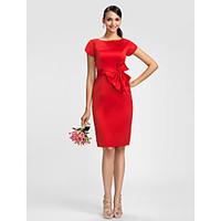 LAN TING BRIDE Knee-length Satin Bridesmaid Dress - Sheath / Column Jewel Plus Size / Petite with Bow(s) / Sash / Ribbon