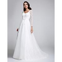 lan ting bride a line wedding dress see through court train v neck lac ...