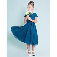 Lanting Bride Tea-length Chiffon Junior Bridesmaid Dress A-line Jewel with Buttons