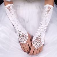 lady\'S White Lace Elastic Silk Flower Shape Tulle Fingerless Elbow Length Bridal Gloves for Wedding Party