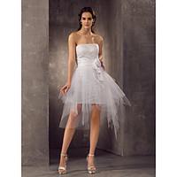 LAN TING BRIDE Sheath / Column Wedding Dress - Chic Modern Reception Little White Dress Short / Mini Strapless Tulle withFlower Ruche