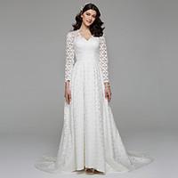 LAN TING BRIDE A-line Wedding Dress Simply Sublime Sweep / Brush Train V-neck Lace with Lace