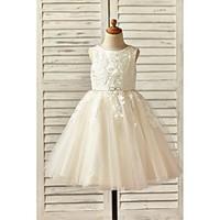 Lace Flower Girl Dress A-line Knee-length - / Tulle Sleeveless Scoop with Appliques / Beading