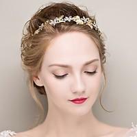 Lady\'s Baroque Style Gold Leaf Olive Crystal Pearl Headband Forehead Hair Jewelry for Wedding Party (Length:28cm)