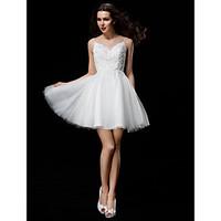 LAN TING BRIDE Ball Gown Wedding Dress See-Through Short / Mini Jewel Tulle with Appliques Beading Button