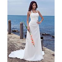 LAN TING BRIDE Sheath / Column Wedding Dress - Chic Modern Open Back Court Train Halter Chiffon with Appliques