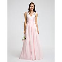 LAN TING BRIDE Floor-length Chiffon Bridesmaid Dress - A-line V-neck with Lace / Sash / Ribbon