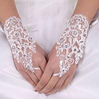 lady\'S White Lace Elastic Silk Flower Shape Tulle Fingerless Wrist Length Bridal Gloves for Wedding Party