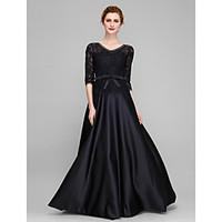 LAN TING BRIDE A-line Mother of the Bride Dress - Open Back Floor-length Half Sleeve Lace Satin with Bow(s) Lace