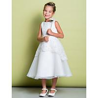 LAN TING BRIDE A-line Tea-length Flower Girl Dress - Lace Organza Scoop with Beading Lace