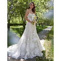 LAN TING BRIDE A-line Wedding Dress - Elegant Luxurious Open Back Court Train Sweetheart Lace with Flower Sash / Ribbon