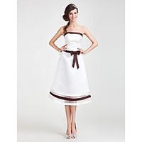 LAN TING BRIDE Tea-length Strapless Bridesmaid Dress - Color Block Sleeveless Organza Satin