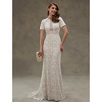 LAN TING BRIDE Sheath / Column Wedding Dress - Elegant Luxurious Open Back See-Through Floor-length Jewel Lace withDraped Lace Sash /