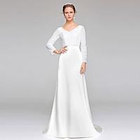 LAN TING BRIDE Sheath / Column Wedding Dress Sparkle Shine Sweep / Brush Train V-neck Lace Sequined with Sequin