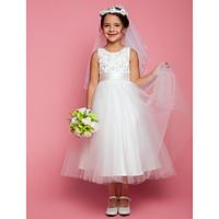 LAN TING BRIDE A-line Tea-length Flower Girl Dress - Satin Tulle Jewel with Beading Appliques Bow(s) Ruching