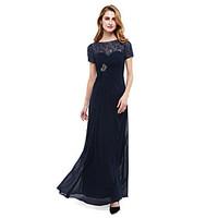 LAN TING BRIDE A-line Mother of the Bride Dress - See Through Floor-length Short Sleeve Chiffon Lace with Beading Criss Cross Ruching