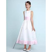 Lanting Bride Knee-length Satin Junior Bridesmaid Dress A-line / Princess Jewel Natural with Ruffles / Sash / Ribbon / Ruching