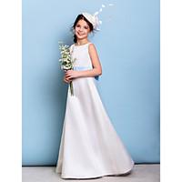 LAN TING BRIDE Floor-length Satin Tulle Junior Bridesmaid Dress A-line Jewel Natural with Bow(s) Sash / Ribbon