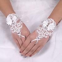 lady\'S White Lace Elastic Silk Flower Shape Tulle Fingerless Wrist Length Bridal Gloves for Wedding Party