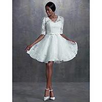 LAN TING BRIDE A-line Princess Wedding Dress See-Through Knee-length V-neck Lace with Appliques Beading Button Sash / Ribbon