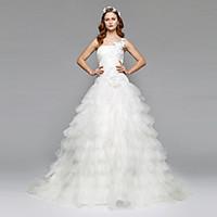 LAN TING BRIDE Ball Gown Wedding Dress Simply Sublime Floor-length One Shoulder Satin Tulle with Beading Flower Side-Draped