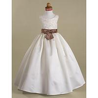 LAN TING BRIDE A-line Ball Gown Princess Floor-length Flower Girl Dress - Satin Scoop with Beading Appliques Bow(s) Sash / Ribbon