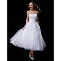 LAN TING BRIDE Ball Gown Wedding Dress Little White Dress Tea-length Strapless Tulle with Beading Draped Ruche