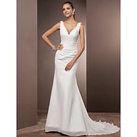 LAN TING BRIDE Trumpet / Mermaid Wedding Dress - Classic Timeless Open Back Simply Sublime Court Train V-neck Chiffon with Side-Draped