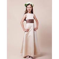 Lanting Bride Floor-length Satin Junior Bridesmaid Dress A-line / Princess Bateau Natural with Sash / Ribbon / Ruching