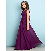 Lanting Bride Floor-length Chiffon Junior Bridesmaid Dress - Mini Me A-line V-neck with Criss Cross