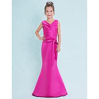 Lanting Bride Floor-length Satin Junior Bridesmaid Dress Trumpet / Mermaid V-neck with Criss Cross