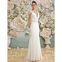 LAN TING BRIDE A-line Wedding Dress See-Through Floor-length V-neck Chiffon Lace with Bow Button Crystal Lace Sash / Ribbon