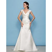 LAN TING BRIDE A-line Wedding Dress See-Through Sweep / Brush Train V-neck Satin with Criss-Cross Side-Draped