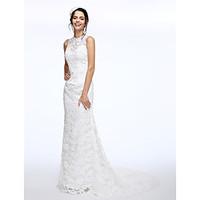 LAN TING BRIDE A-line Wedding Dress Floral Lace Court Train Jewel Lace with Beading Button