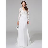 LAN TING BRIDE Sheath / Column Wedding Dress See-Through Sweep / Brush Train V-neck Chiffon Lace with Button Lace