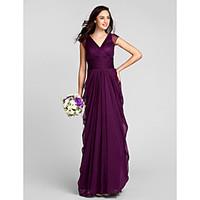 LAN TING BRIDE Floor-length Chiffon Bridesmaid Dress - Sheath / Column V-neck Plus Size / Petite with Sash / Ribbon / Ruching