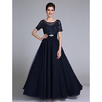 LAN TING BRIDE Sheath / Column Mother of the Bride Dress - Open Back Floor-length Short Sleeve Chiffon Lace withAppliques Beading Crystal