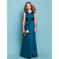 LAN TING BRIDE Floor-length Satin Junior Bridesmaid Dress Sheath / Column V-neck Natural with Sash / Ribbon Criss Cross Ruching