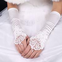 lady\'S White Lace Elastic Silk Flower Shape Tulle Fingerless Elbow Length Bridal Gloves for Wedding Party