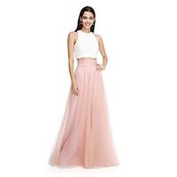 LAN TING BRIDE Floor-length Jewel Bridesmaid Dress - Color Block Two Pieces Sleeveless Lace Tulle