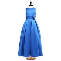 LAN TING BRIDE Floor-length Satin Junior Bridesmaid Dress Ball Gown Jewel Natural with Flower(s) Sash / Ribbon