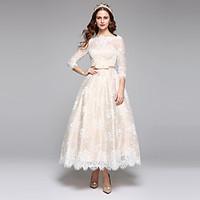 LAN TING BRIDE A-line Wedding Dress Simply Sublime Ankle-length Bateau Lace Satin with Lace Sash / Ribbon