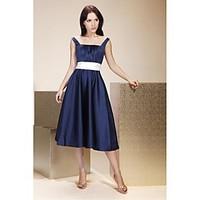 LAN TING BRIDE Tea-length Satin Bridesmaid Dress - A-line / Princess Square / Straps Plus Size / Petite