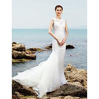 LAN TING BRIDE Trumpet / Mermaid Wedding Dress Beautiful Back Sweep / Brush Train Jewel Lace Tulle with Lace Ruche