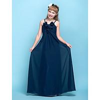 Lanting Bride Floor-length Chiffon Junior Bridesmaid Dress Sheath / Column Spaghetti Straps Empire with Flower(s) / Ruching