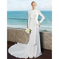 LAN TING BRIDE Trumpet / Mermaid Wedding Dress Open Back Sweep / Brush Train Bateau Chiffon with Draped Sash / Ribbon